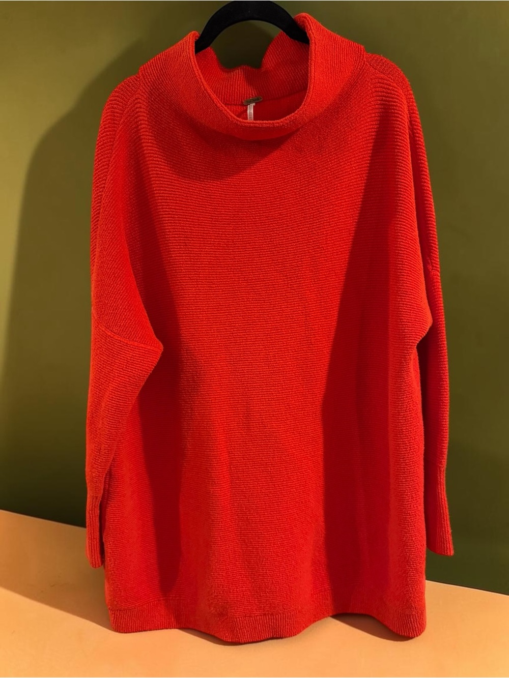 Free People Oversized Turtleneck Sweater Sz S Ribbed Red Orange Tunic Length